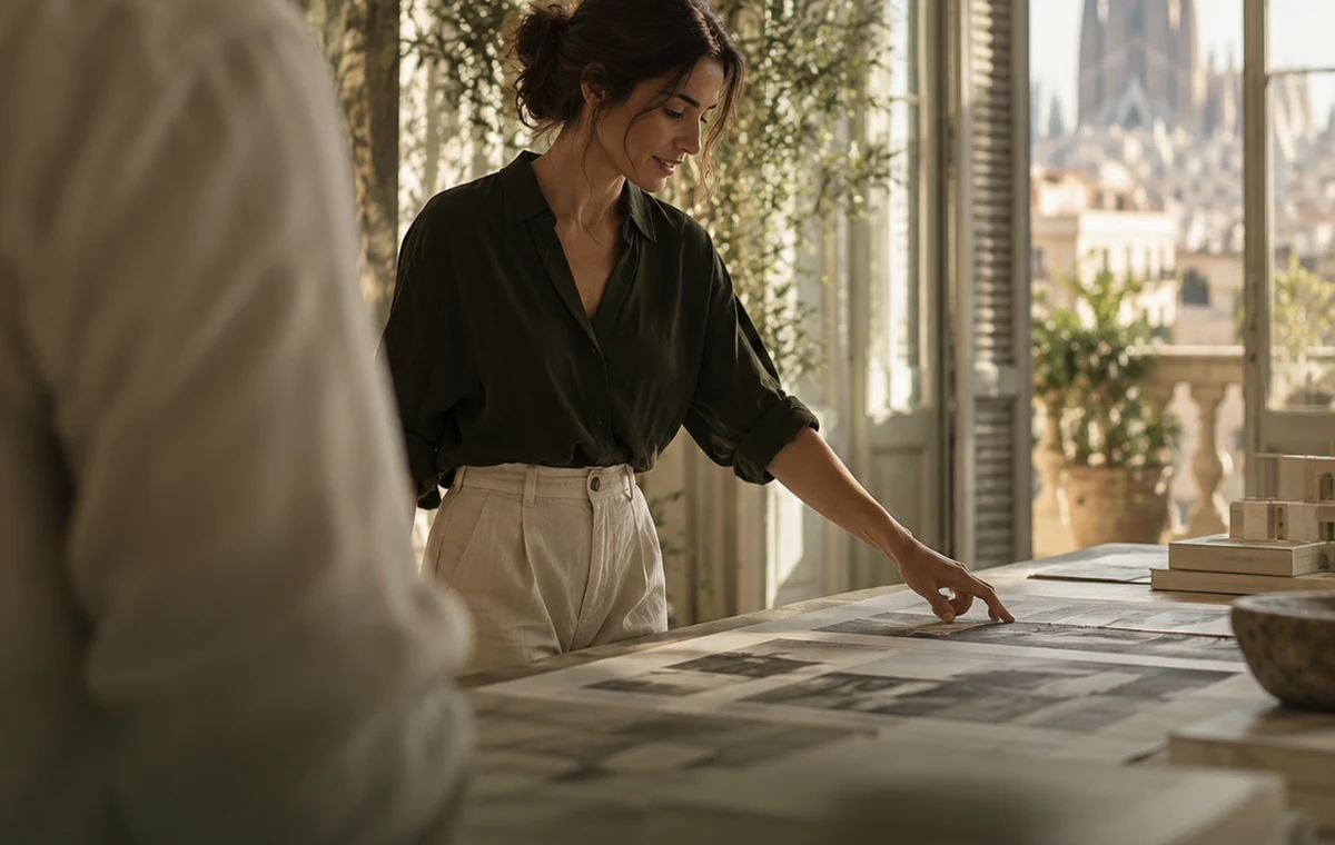 Architecture expert reviewing plans in a sunlit Barcelona studio