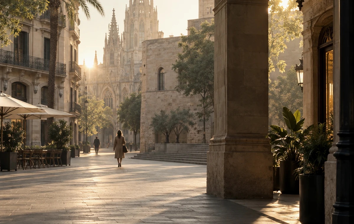 Warm Barcelona city scene at golden hour