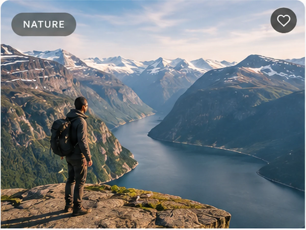 Traveller overlooking a Norwegian fjord surrounded by mountains