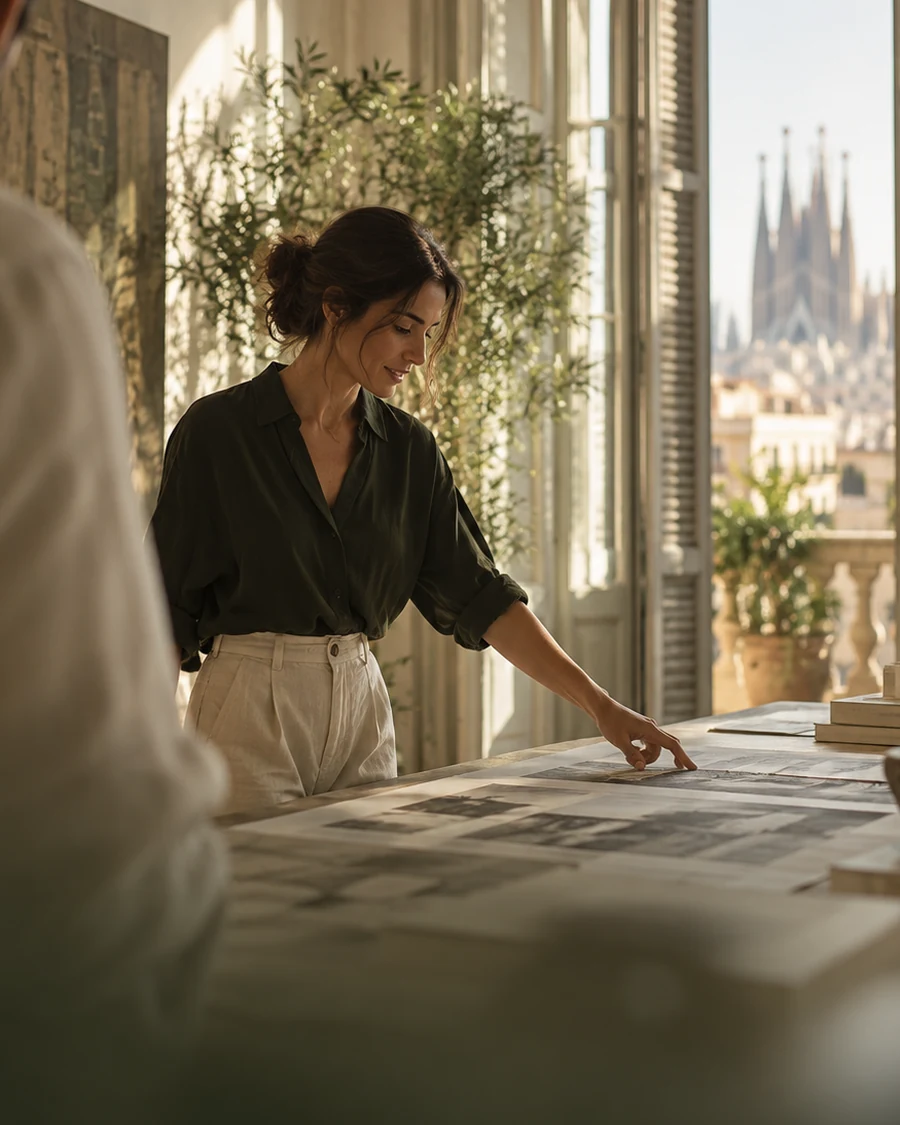 Architect in a sunlit Barcelona studio preparing an expert-led experience