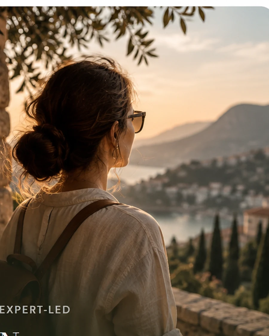 Cultural host overlooking a Mediterranean landscape at golden hour