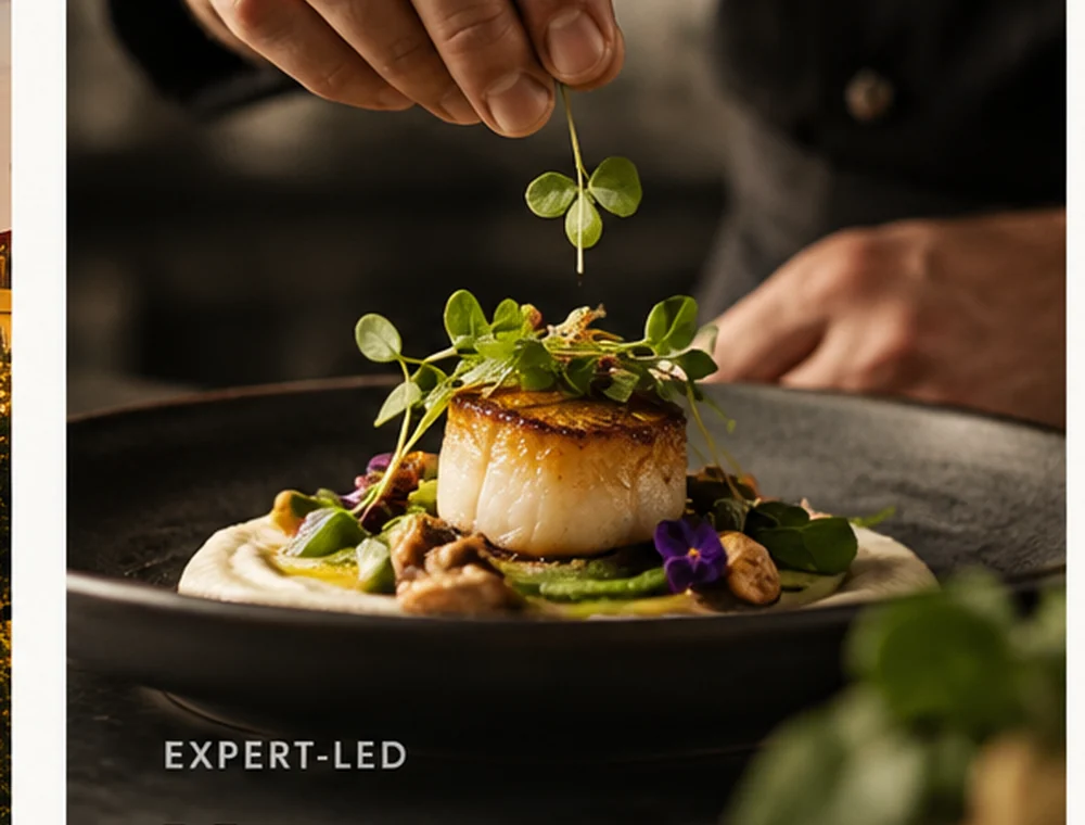 Expert finishing a fine dining plate during a hands-on evening masterclass